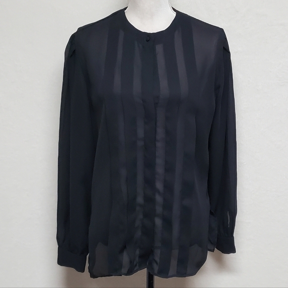 Vintage 70s Diane Von Furstenberg Black Sheer Chiffon Pleated Button Up Blouse 8 - Picture 4 of 16